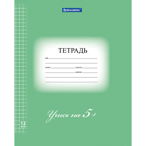 Тетрадь 12 л. BRAUBERG ЭКО "5-КА", клетка, обложка плотная мелованная бумага, ЗЕЛЕНАЯ, 104759