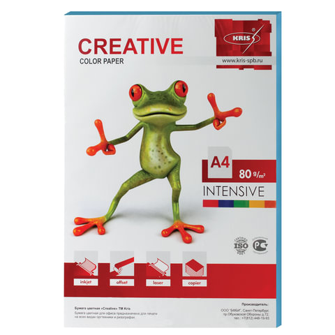 Бумага цветная CREATIVE color, А4, 80 г/м2, 100 л., интенсив, голубая, БИpr-100г