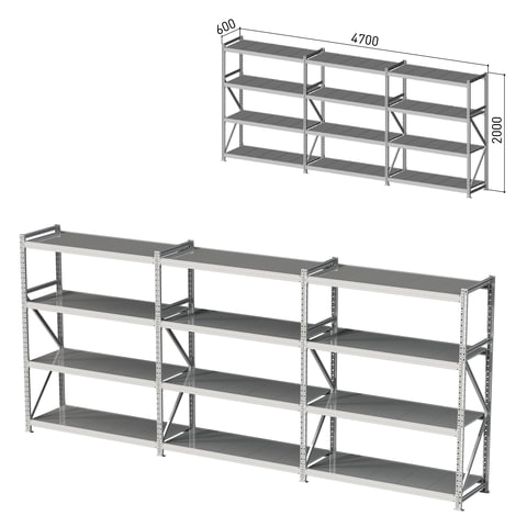 Стеллаж металлический (3 СЕКЦИИ) ПРАКТИК "MS Pro", 2000х4700х600 мм, (КОМПЛЕКТ)
